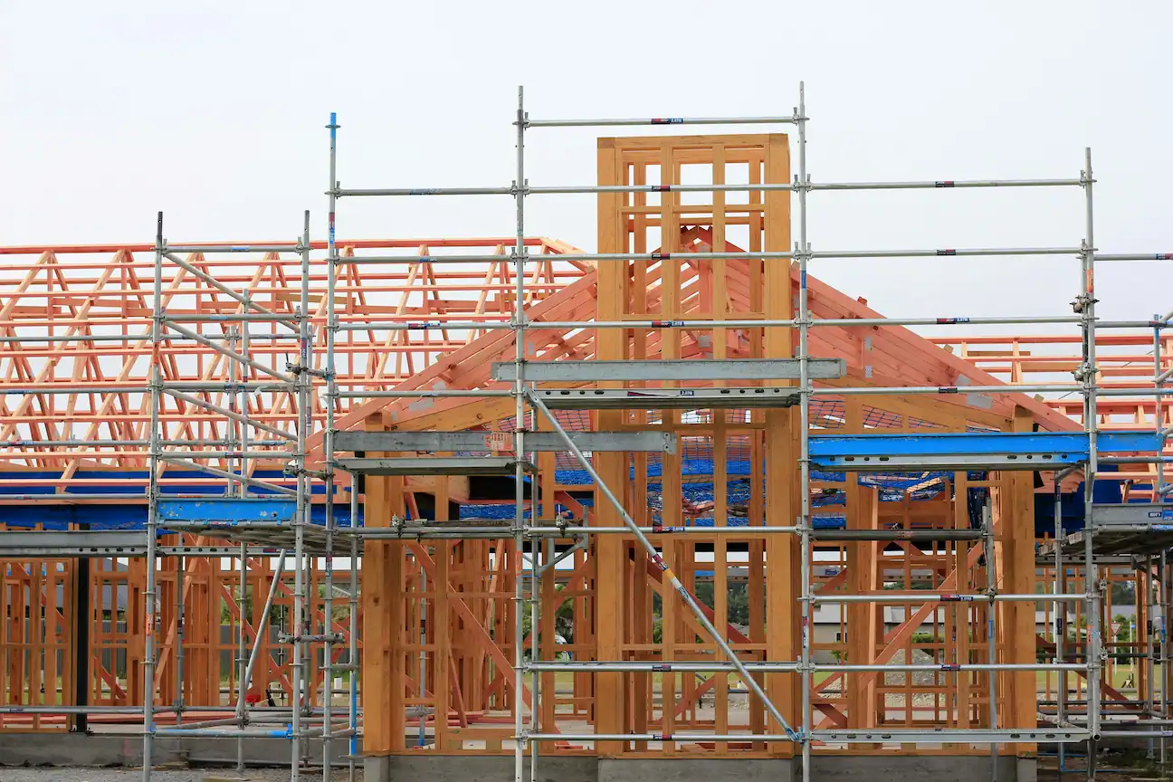 New home construction with Hayward Scaffolding Rental support system and multi-level scaffold access